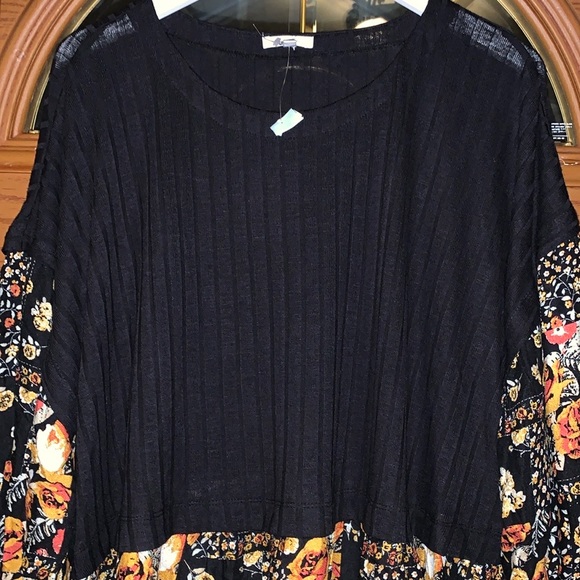 Maurices Black Ribbed Knit & Floral Patchwork Layered Scoop Neck Blouse - Picture 6 of 16